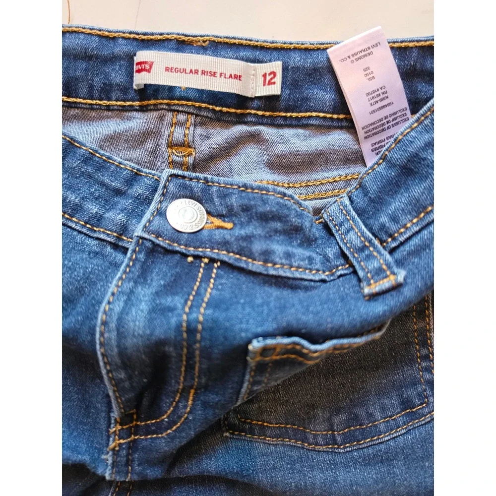 Levis Girls Regular Rise Flare Jeans Blue Denim Front Patch Pockets Size 12